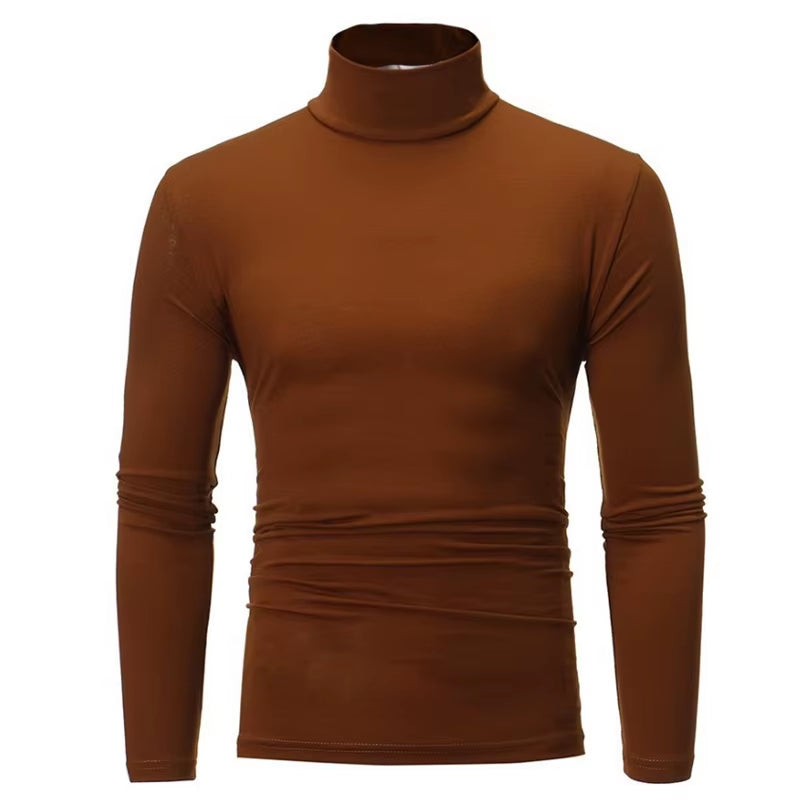 Fashion Men'S Casual Slim Fit Basic Turtleneck High Collar Pullover Male Autumn Spring Thin Tops Basic Bottoming Plain T-Shirt
